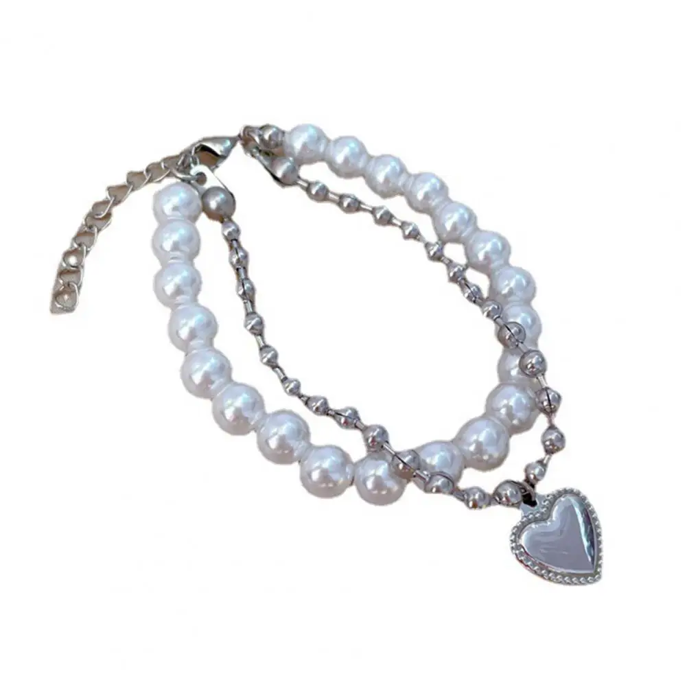 

Double-layered Fine Workmanship Decoration Women Imitation Pearl Heart Pendant Charm Bracelet Charm Bracelet for Dating