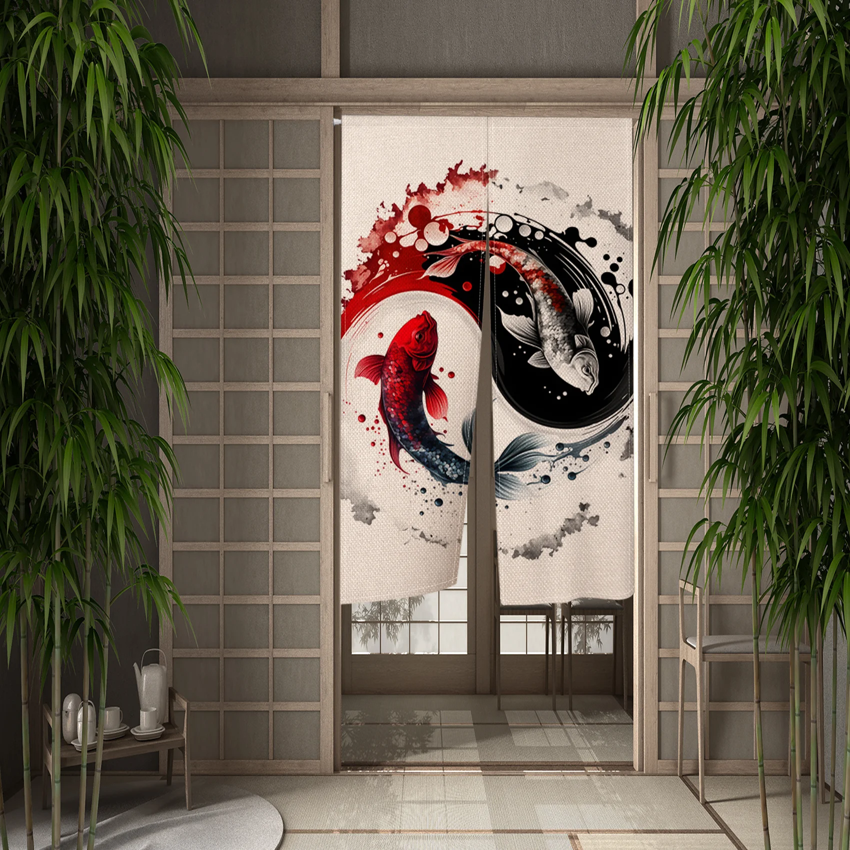 

Льняная японская дверная занавеска с рыбками кои