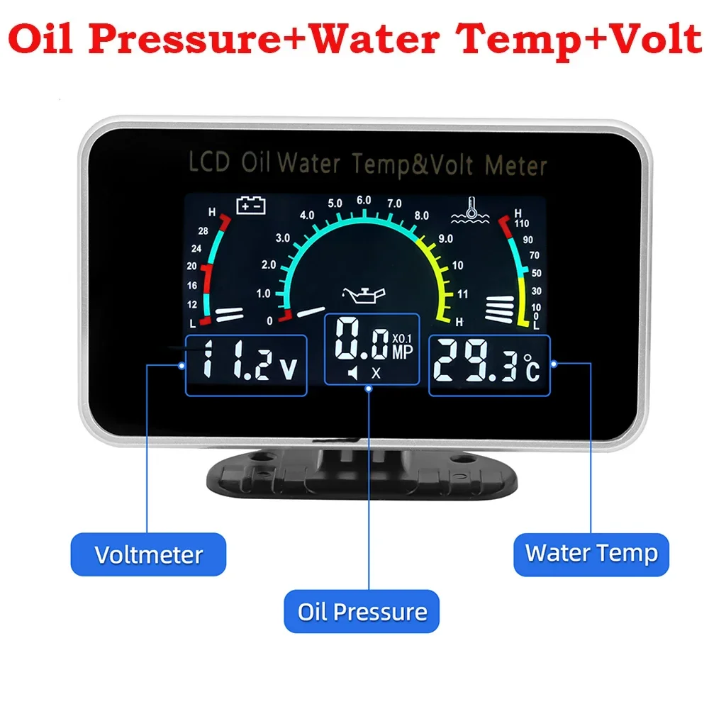 

4 в 1 ЖК-дисплей 12 В/24 В Вольтметр давления масла Вольт Вольт Температура воды Масло Датчик температуры 10 мм для экскаватора Грузовика