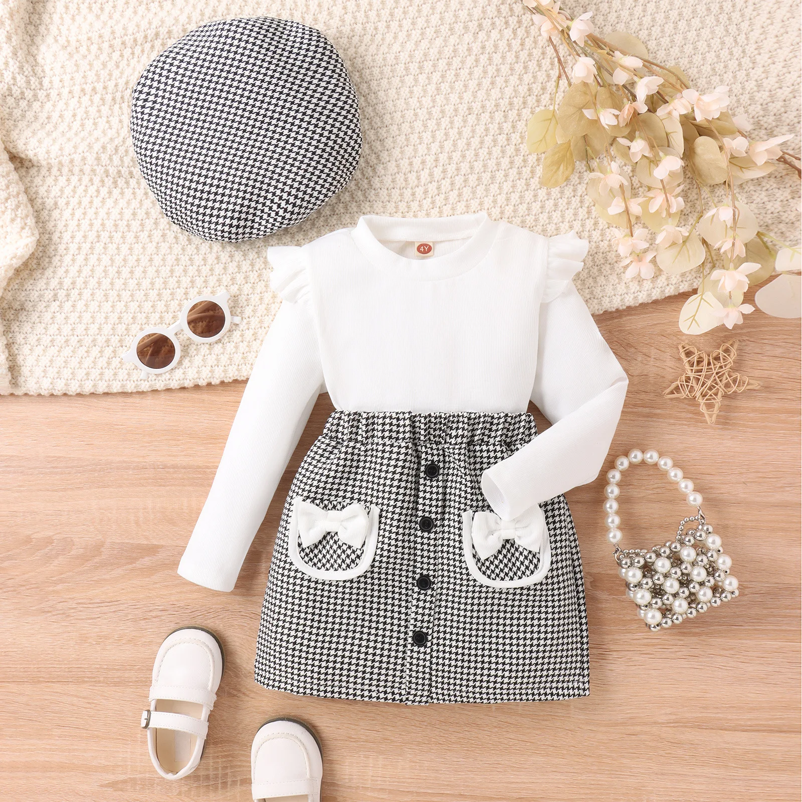 

4-7Y Girls Clothing Set Autumn Winter Solid Color Long Sleeved Top+Bird Check Bow Short Skirt+Hat 3Pcs Fashion Kids Clothes Suit