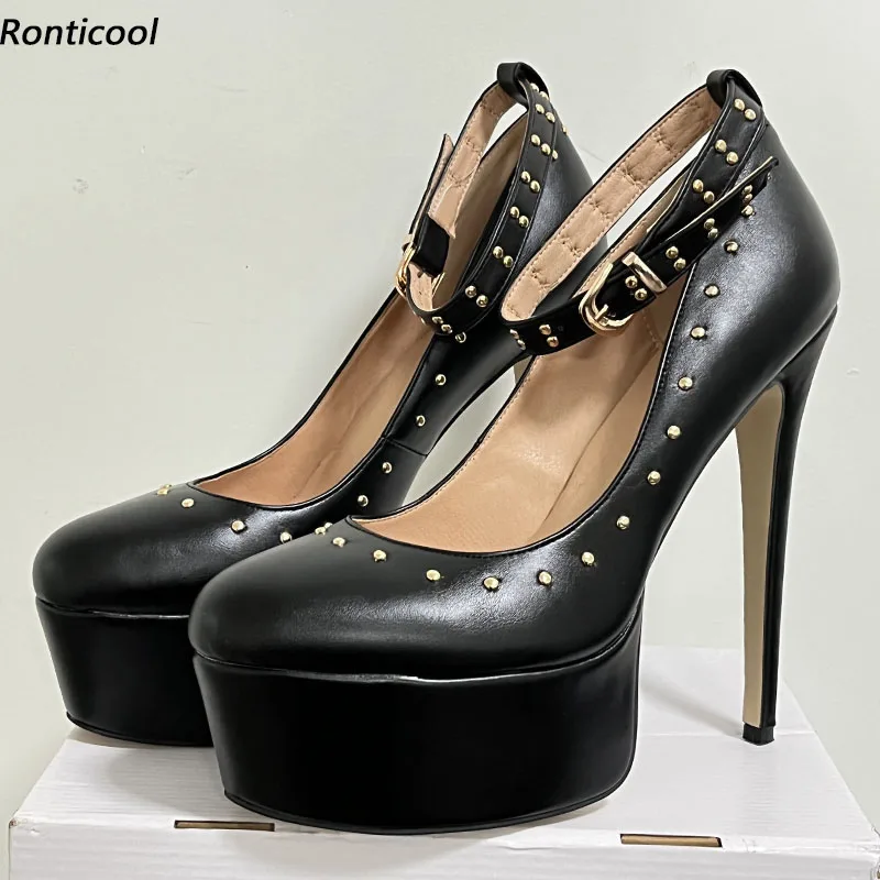 

Ronticool Real Photos Women Platform Pumps Studded Ankle Strap Stiletto Heels Round Toe Black Party Shoes US Plus Size 5-20