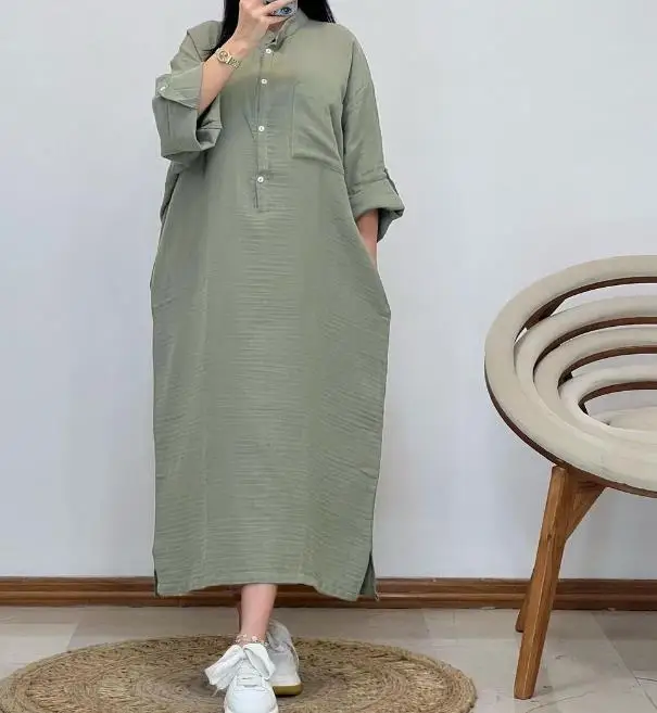 

Elegant Dresses Casual Loose Solid Button Standing Neck Long Sleeve Fashion Maxi Shirt Dress Women 2023 Autumn Female Vestido