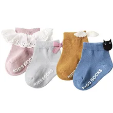 3 пары, детские кружевные Нескользящие напольные аксессуары для новорожденных, с бантом и оборками, носки для девочки, мальчика