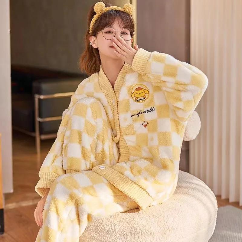 

Kawaii Sanrio Pajamas Kuromi Cinnamoroll My Melody Coral Fleece Pajamas Cartoon Plush Loungewear Warm Casual Clothes Christmas