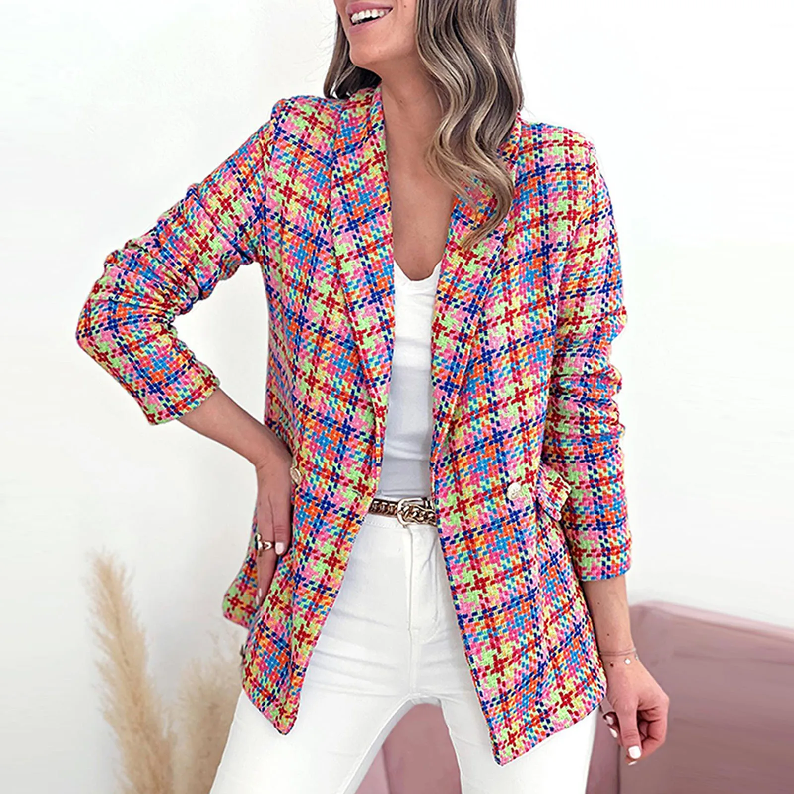 

Новый деловой пиджак с карманами и откидными карманами, женский элегантный блейзер с клетчатым принтом, Тонкий Блейзер, женские шикарные пиджаки для женщин