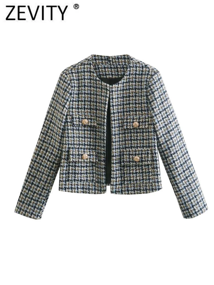 

Zevity Women Vintage Contrast Color Houndstooth Pattern Pockets Patch Coat Ladies Retro Open Stitching Casual Jacket Tops CT401