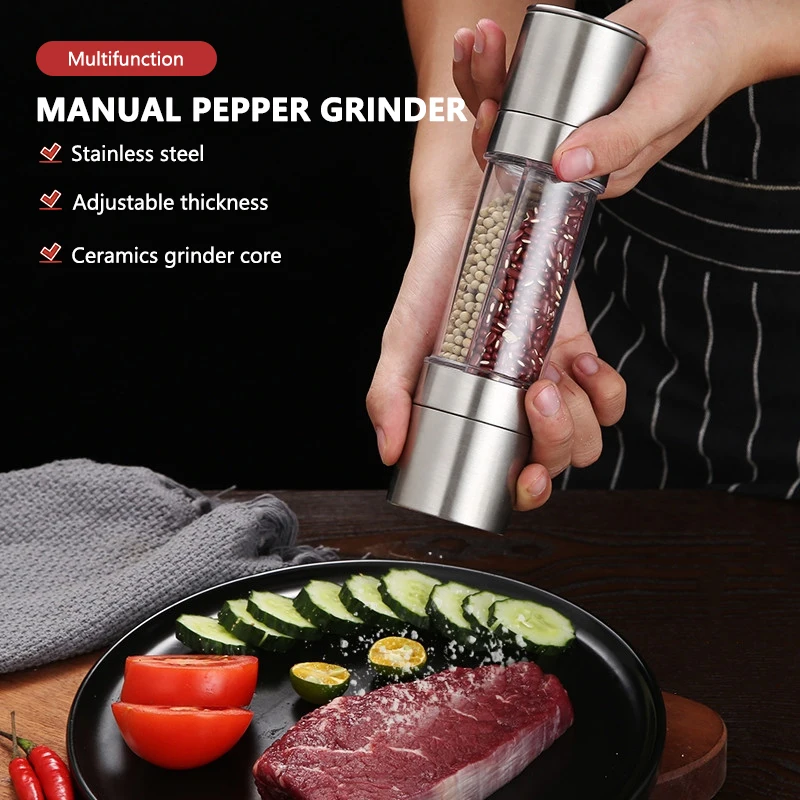 

Portable 2 In 1 Stainless Steel Manual Pepper Salt Spice Mill Grinder Kitchen Salt Pepper Mills Seasoning Kitchen Cooking Tool