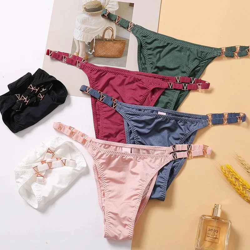 

Сексуальные женские стринги с металлической пряжкой на талии, эластичные стринги, женские стринги из ледяного шелка, женские трусы с заниже...