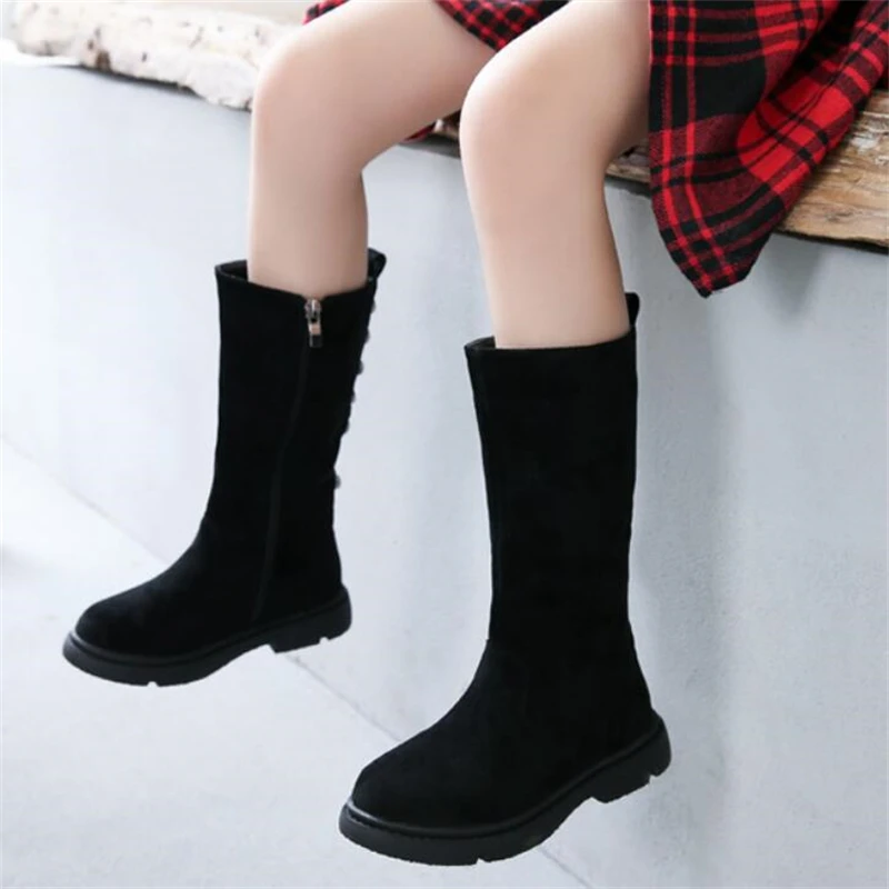 

New Girls Boots Children Shoes Winter High Boots Princess Black Casual Student Performance Baby Kids Short Plush 03