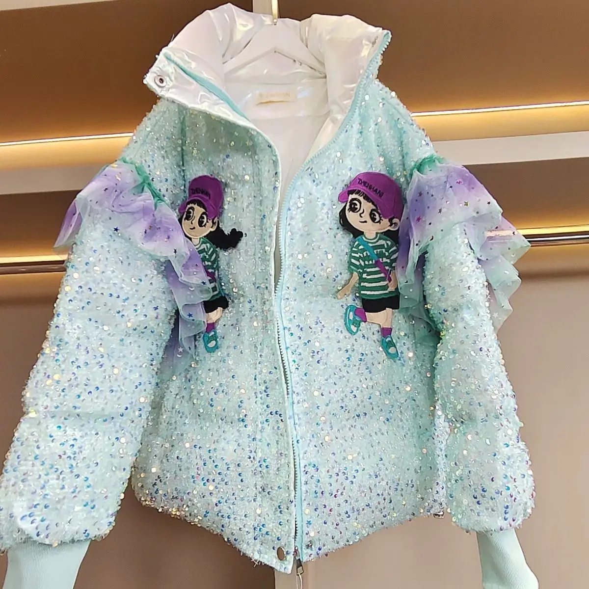 Lake Blue Sequins Women Down Coat 2022 New Autumn Winter Parkas Age Reducing Patch Cartoon Stand Collar Loose Wadded Jackets