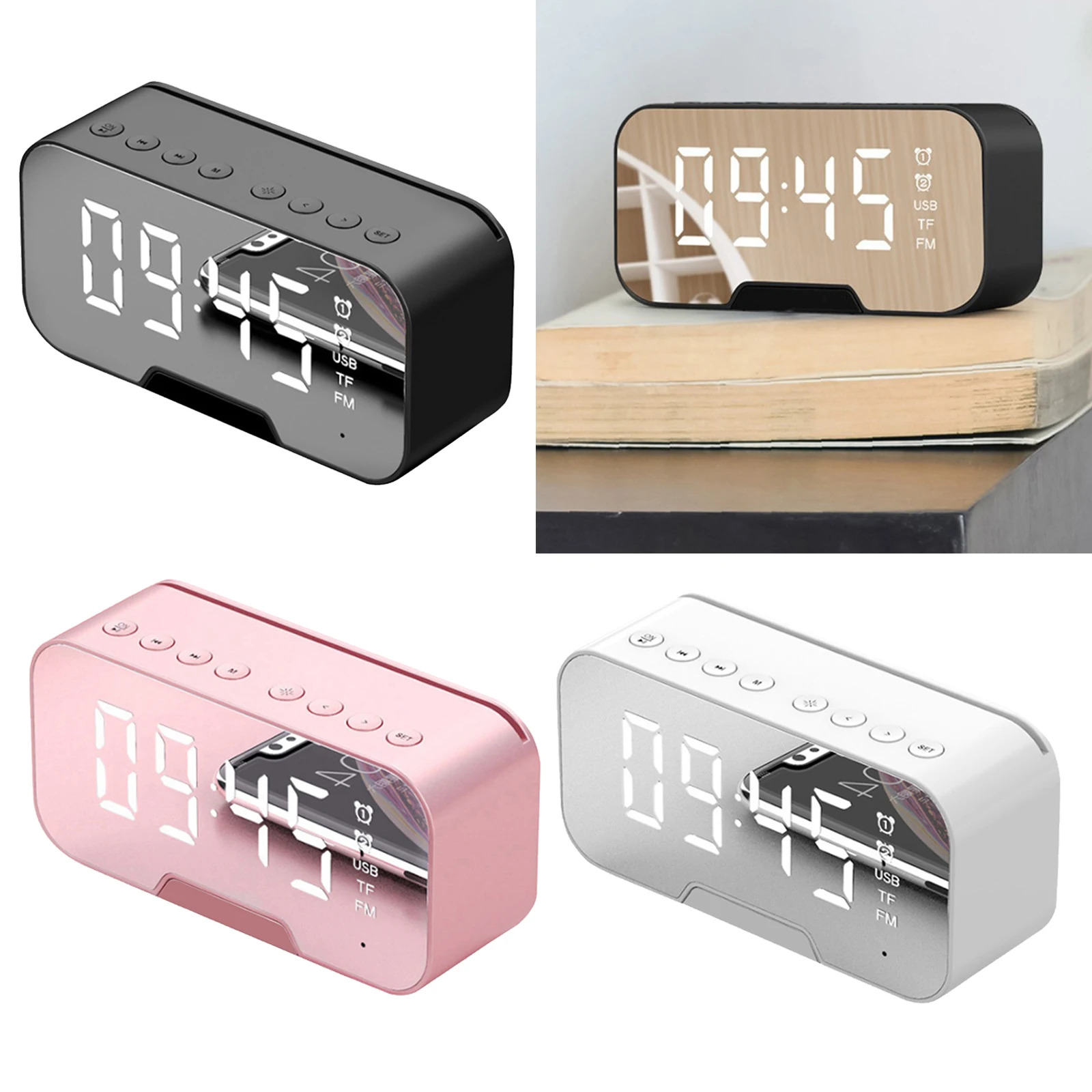 

Multifunction Bluetooth Speaker Mirror Alarm Clock With FM Radio LED Wireless Subwoofer Music Player Table Clock