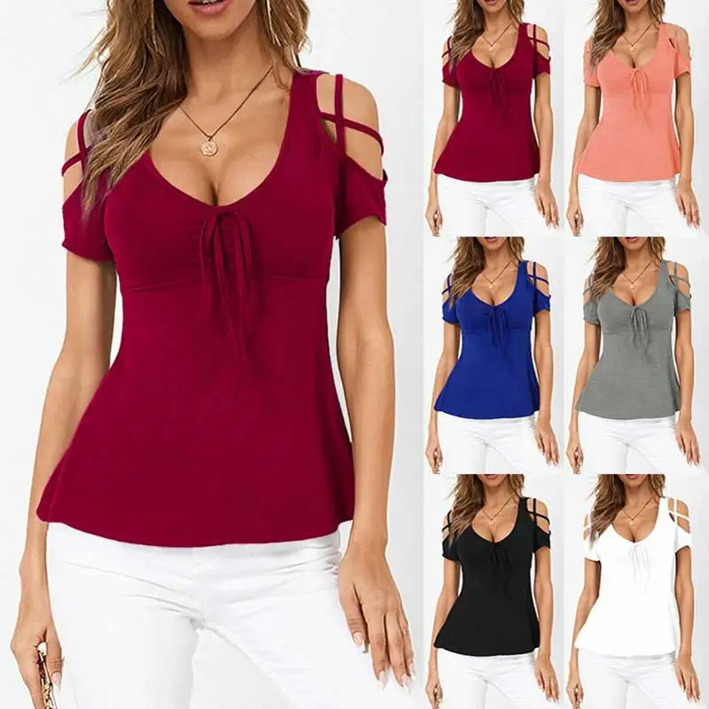 

Women's Tops T-shirt V-Neck Bow Crossover Off Shoulder Short Sleeve Women's T-Shirt Solid Color Hollow Stitching Short-sleeved