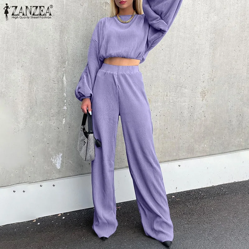 

Fashion OL Pleated Matching Sets Y2k Women Pants Sets 2022 ZANZEA Spring Summer Loose Puff Sleeve Tops Wide Leg Pants Oversized