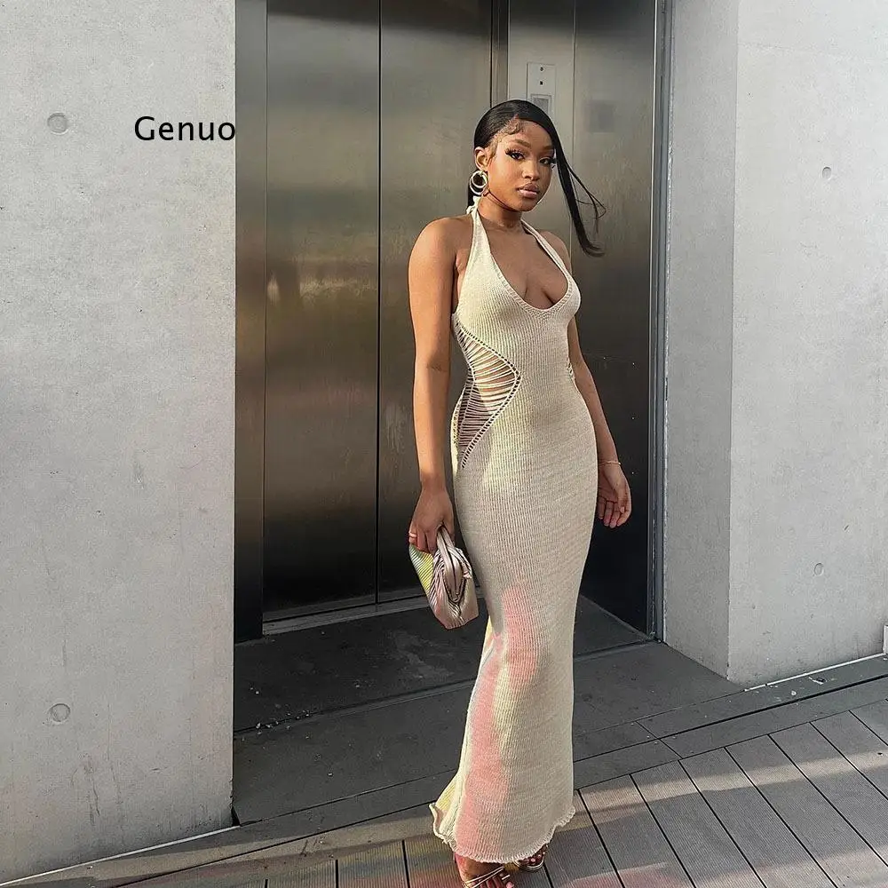 

Sexy Backless Hollow Out Knitting Maxi Dress Women 2022 Summer Halter Neck Party Dress Female Nightclub Outifts New