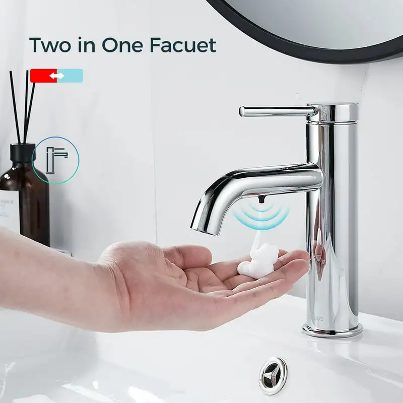 

Faucet with Single Hole Automatic Foam soap Dispenser Chrome in Bathroom