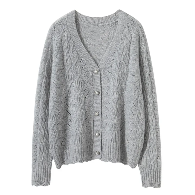 Весна и осень 2023 новый вязаный кардиган с v-образным вырезом ромбовидной вышивкой