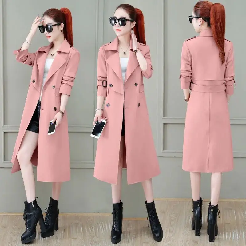 

2023 Spring Autumn New Trench Coat Women's Medium Waist Outerwear Solid Color Windbreaker Female Turn Down Collar Overcoat M518