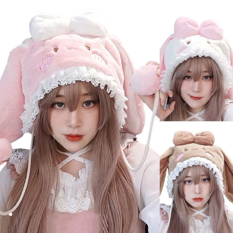 

Women Windproof Lace Brim Hat Bowknot Bunny Ear Shape Plush Winter Hat Keep Warm Ear Protects Caps Lovely Photography Props