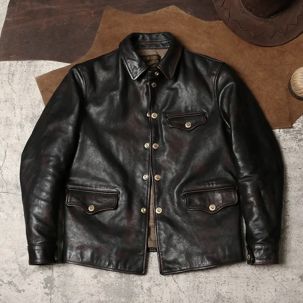 

YR!Free shipping.Men Deep brown vintage tea core horsehide jacket.Thick genuine coat.casual brakeman leather Heavy