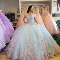 ball gown light blue quinceanera dresses with pink lace appliques long sleeves beading off shoulder 15 years sweet 16 dress