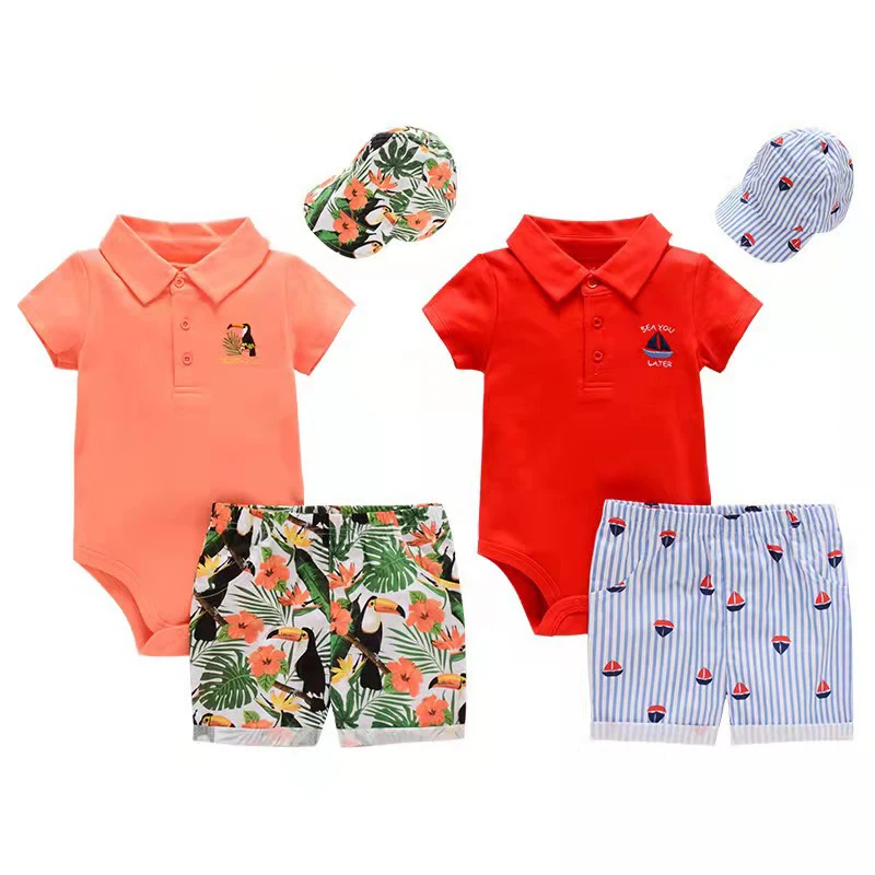 2022 Baby Clothing Set Lapel Romper+Short+Hat Three-piece Set Short Sleeve Baby Boy Girl Clothes Fashion Baby Summer Outerwear