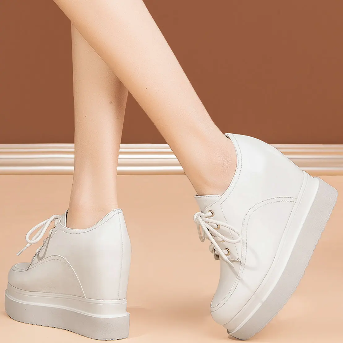 Punk Goth Hidden Wedge Ankle Boots Women's Lace Up Genuine Leather Round Toe High Heels Thick Sole Creeper Shoe Punk Goth