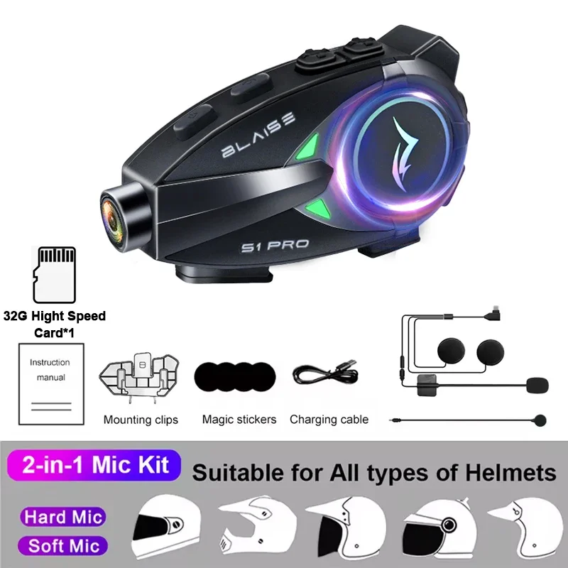 

Bluetooth-гарнитура для мотоциклетного шлема S1 PRO 1080P HD, беспроводная камера с супер широкоугольным объективом IP66, водонепроницаемый видеорегистратор с Wi-Fi