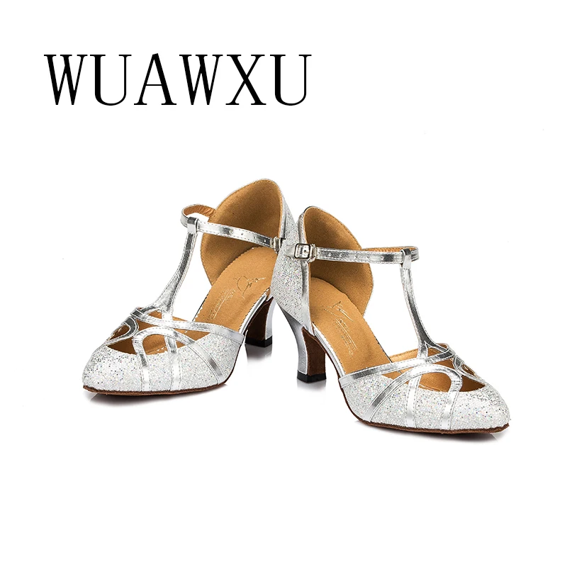 NATASHA Baotou Latin Dance Shoes Female Flash Gold Adult Medium High Heel Square Friendship Dance Shoes Soft Sole Competition Pe