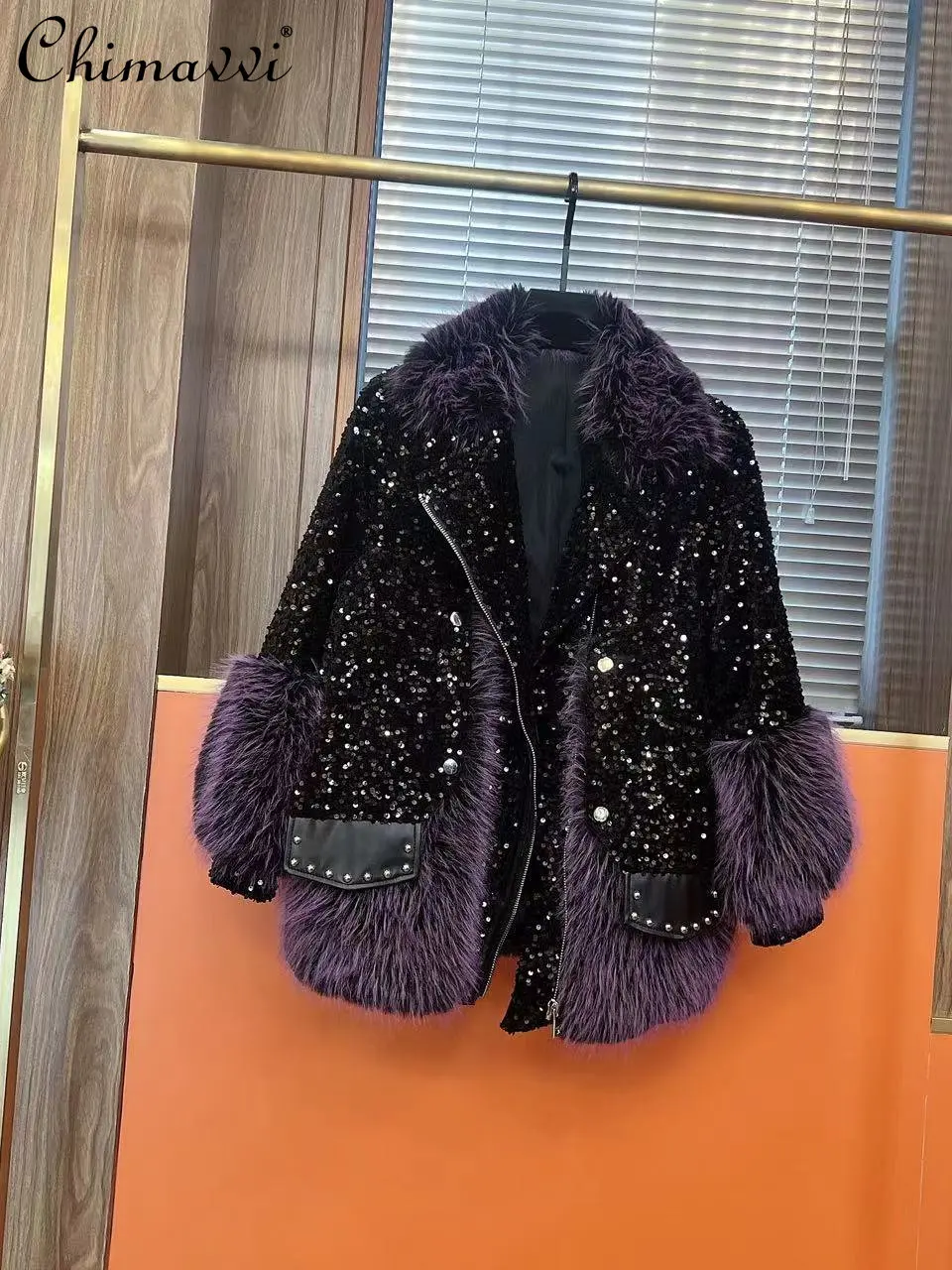 Female 2022 Winter New Elegant High Street Embroidery Sequins Stitching Toka Coat Women's Fashion Trendy Patchwork Fur Jacket