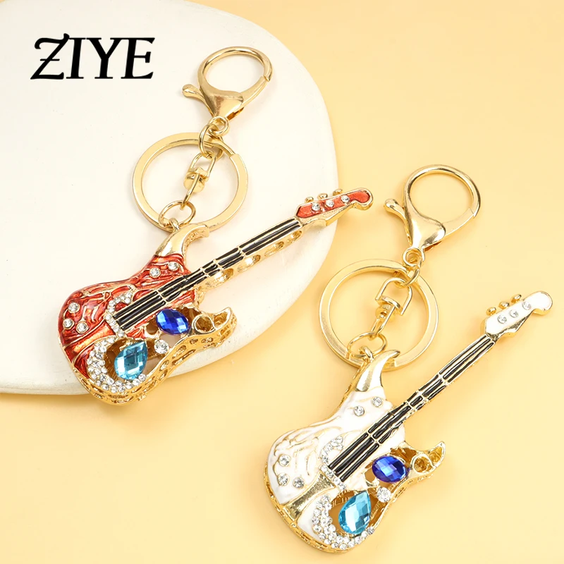 

Trendy Music Guitar Crystal Rhinestone Keychain Fashion Rock Musical Instrument Enamel Key Rings for Backpack Purse Pendant Gift
