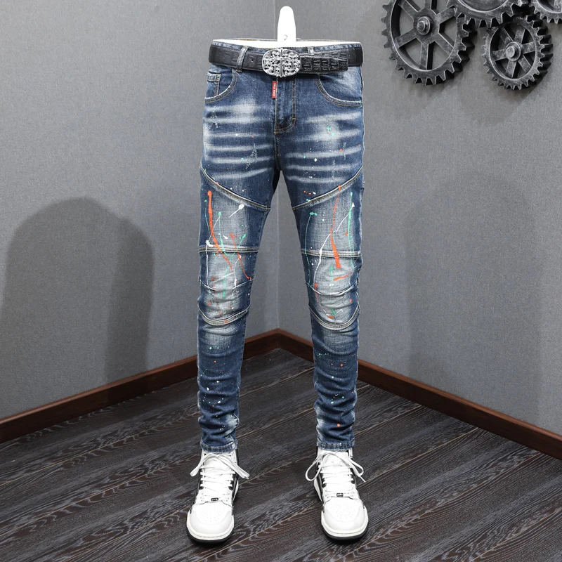 Street Fashion Men Jeans Retro Blue Elastic Spliced Vintage Designer Slim Ripped Jeans Men Painted Hip Hop Denim Pants Hombre