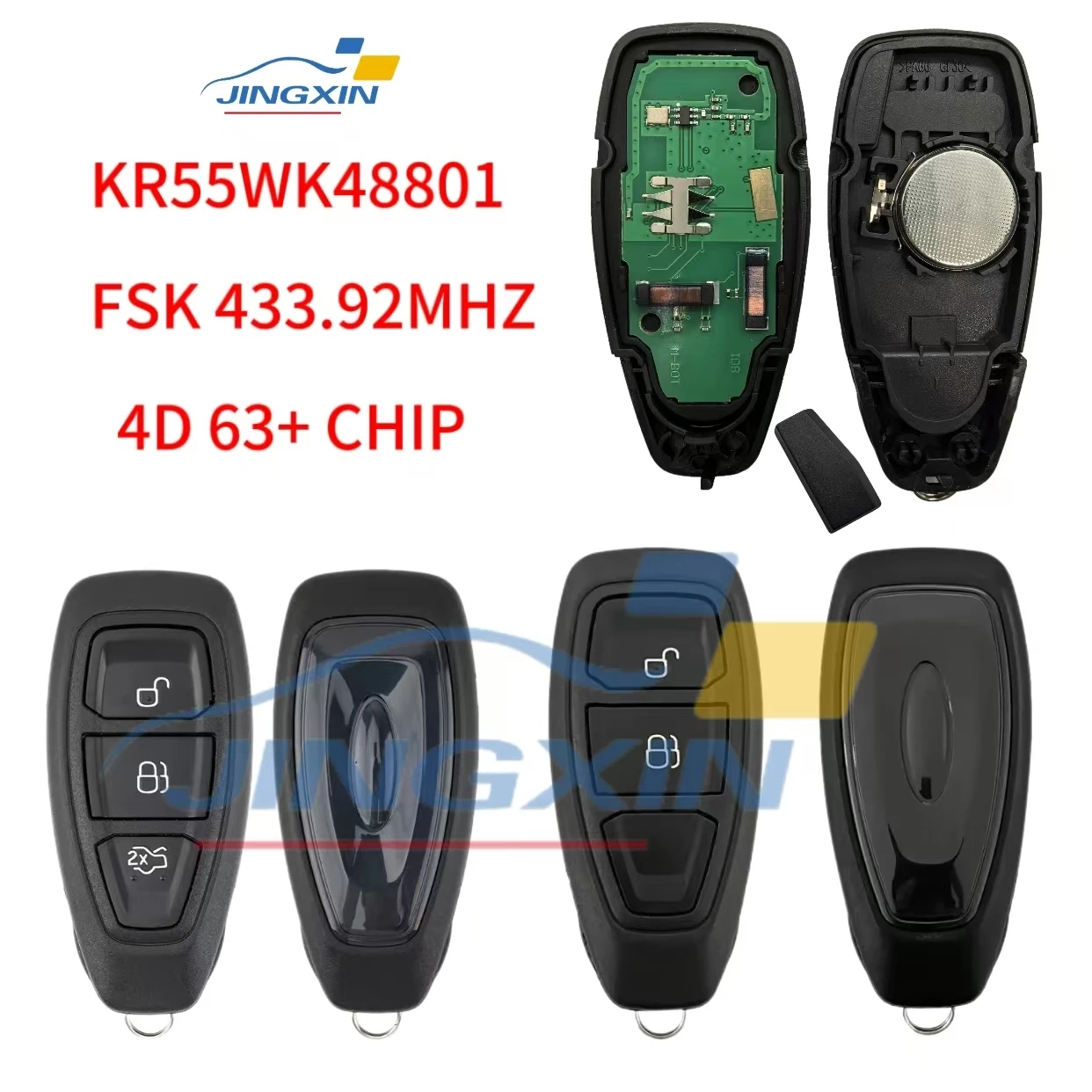 Фото Автомобильный дистанционный ключ Jingxin для Ford Focus Fiesta C-Max Mondeo Ecosport Galaxy Kuga Smart Keyless 2/3 кнопки ID63 + 433 МГц KR55WK48801 №1