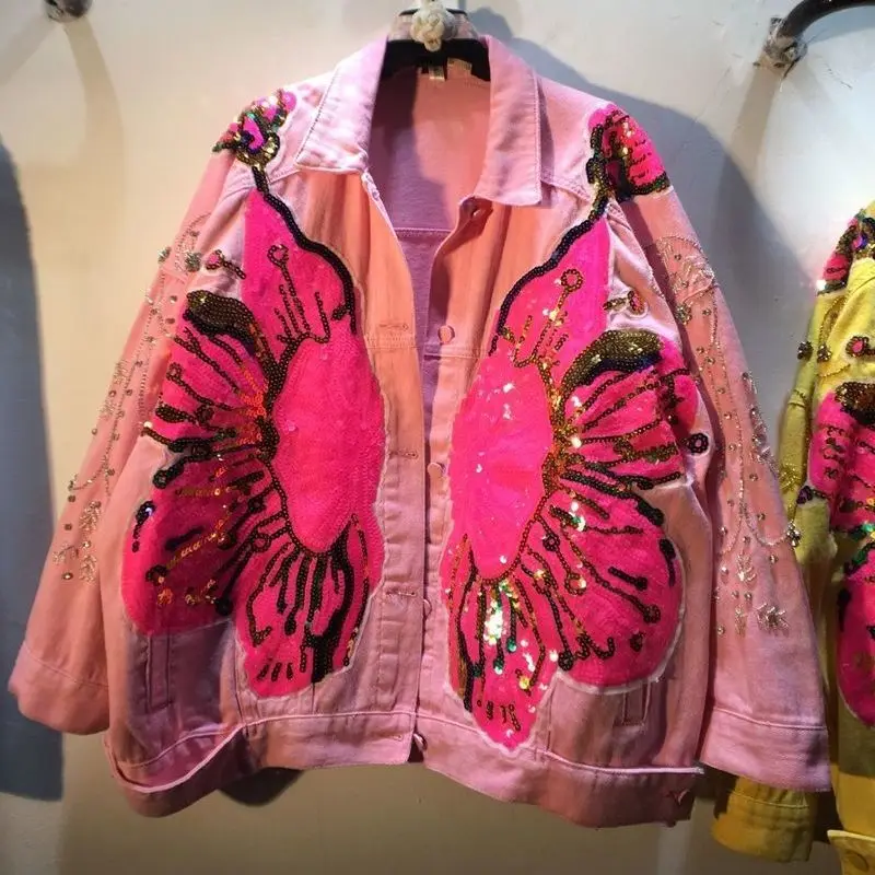 

Oversize Women Denim Jacket 2022 New Spring Fashion Diamond Beading Colorful Sequins Loose Outwear Pink Jean Coats for Lady