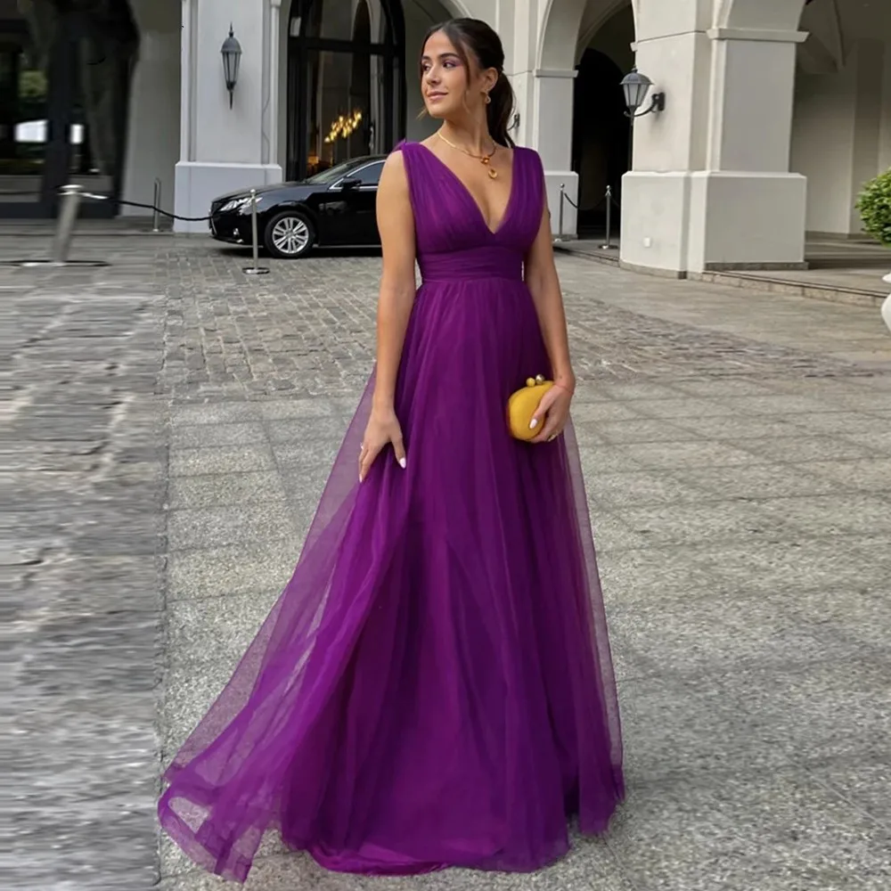 

Purple Tulle Evening Dresses Sexy V Neck Dubai Saudi Arabic Robes De Soirée Vestidos De Gala Ruched Celebrity Prom Party Gowns