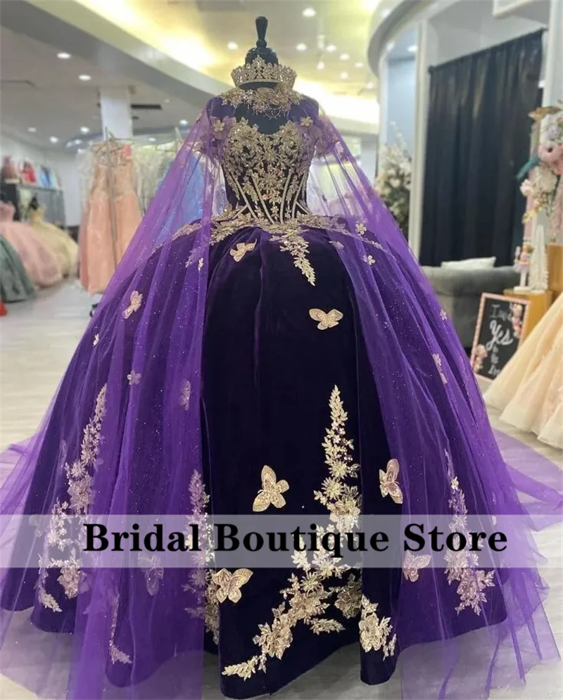 

Purple Elegant Ball Gown Quinceanera Dress 2024 With Cape Sweet 16 Dress Golden Butterfly Appliques Crystals Vestidos De 15 Años