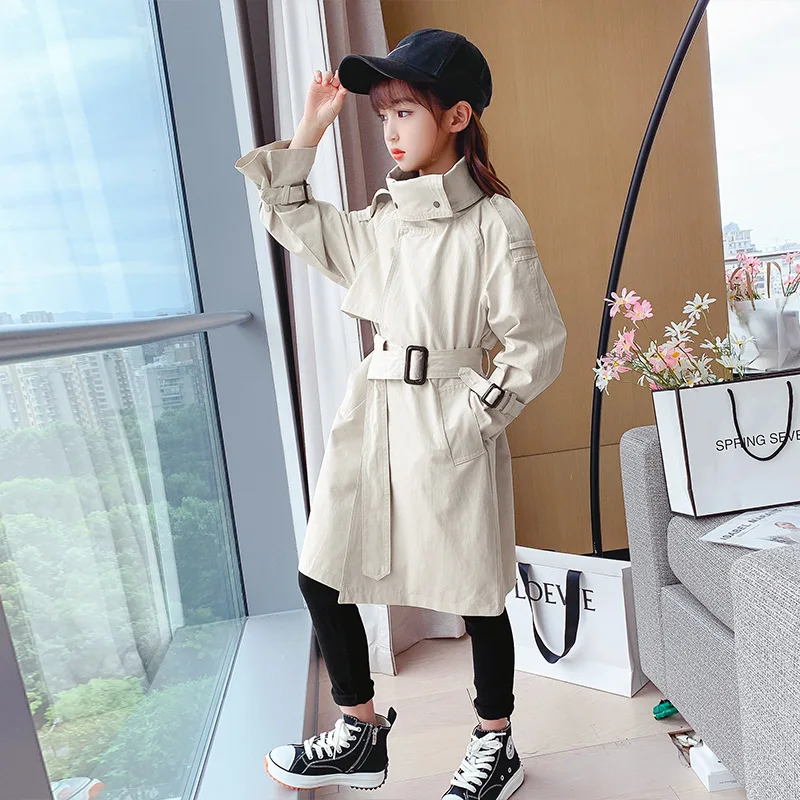 

Kid Autumn Fashion Big Lapel Windbreaker Girls Clothes New Belt Trench Coats Teenage Clothing Mid-Length Spring Outerwear 4-12 Y