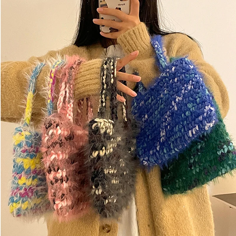 

Handmade Crochet Tote Fluffy Knitting Handbags Fashion Woven Bags for Women Cute Designer Bags Female Shoulder Bag Square Clutch