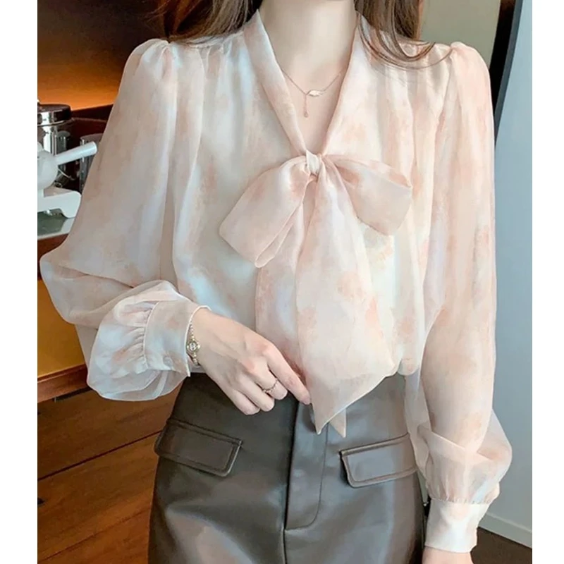 

New Female Shirts Vintage Jacquard Lace Blouse Lace-Up Bow Tops Long Sleeve Casual Office Korean Women Loose Blouses S9225