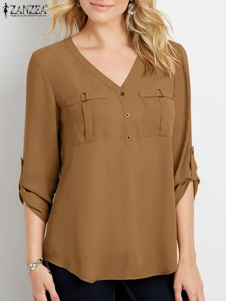 

Summer V Neck Causal Tops Adjustable Long Sleeve Shirt ZANZEA Fashion Women Blouse Female OL Work Blusas Tunic Holiday Chemise