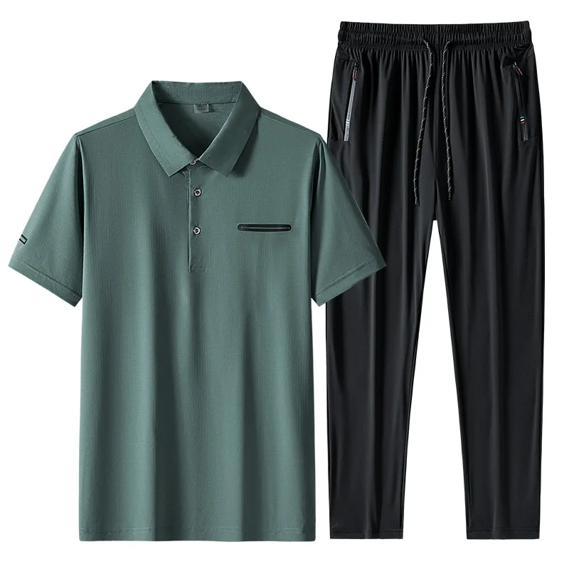 2023 Summer Ice Polo Shirt Suit Business Men's Solid Color Lapel Seamless Ice Short Sleeve+ice Pants Two-piece Mens Sportswear
