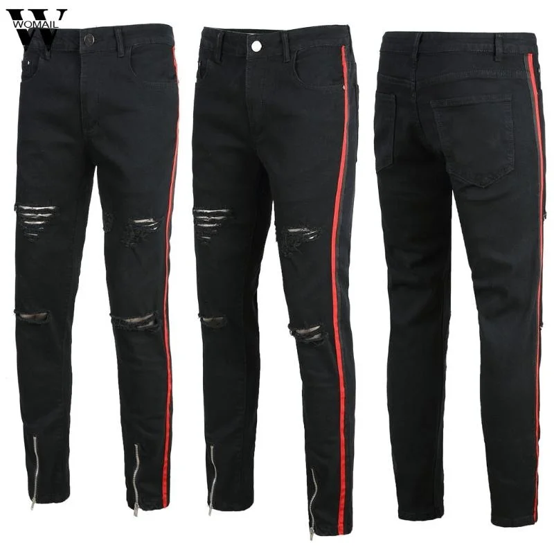 Men's Jeans Womail Pant Men Stretchy Black Skinny Hole Pure Color Slim Fit Denim Vintage Pants Zipper High Quality Jean 2022 J72
