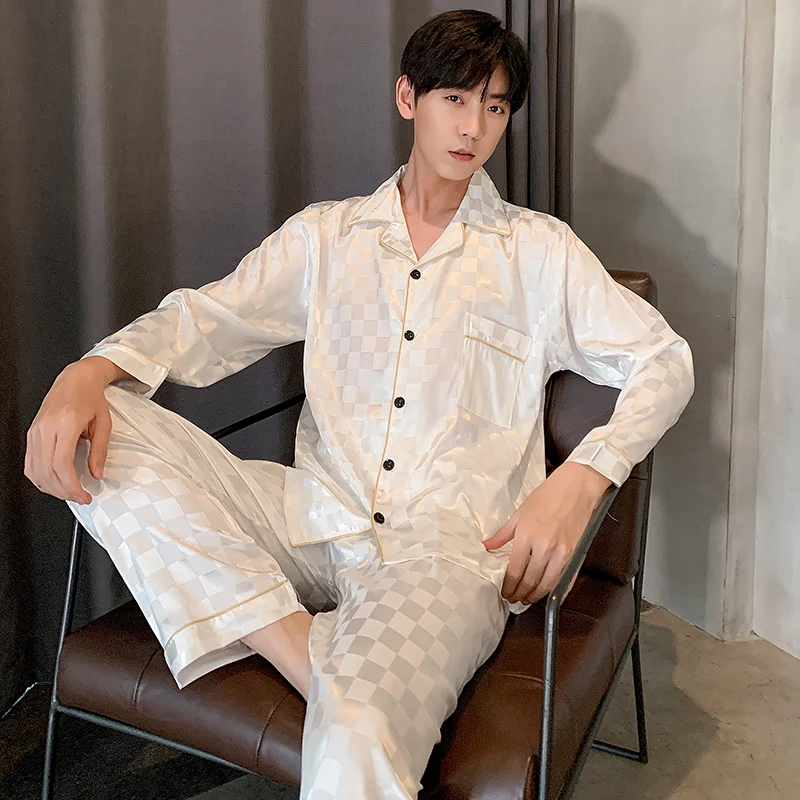 2-piece set of spring and autumn ice silk pajamas men's double layer long cardigan small lapel thin silk men's casual home wear