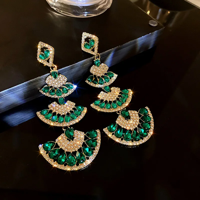 

New Vintage Green Crystal Drop Earrings for Women Oversize Long Sector Geometric Dangle Earrings Statement Jewelry Gift