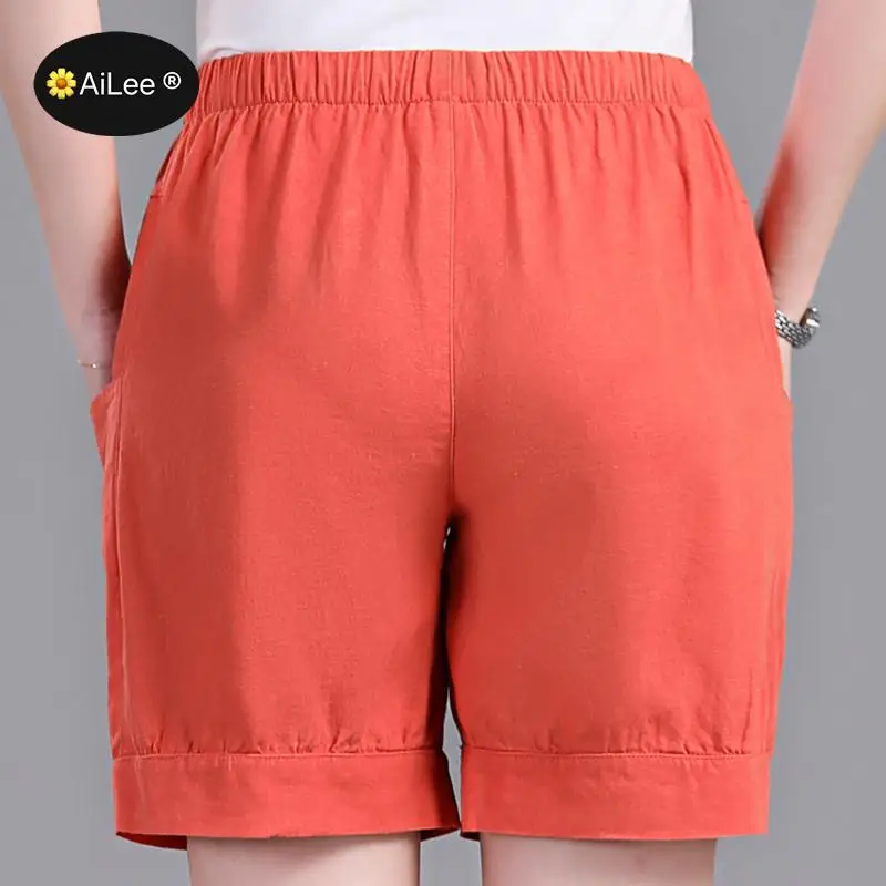 Yellow Vintage Loose Cotton Linen Woman Summer Bermuda Shorts Casual Elastic High Waist Soft Wide Leg Short Pants Retro Femme