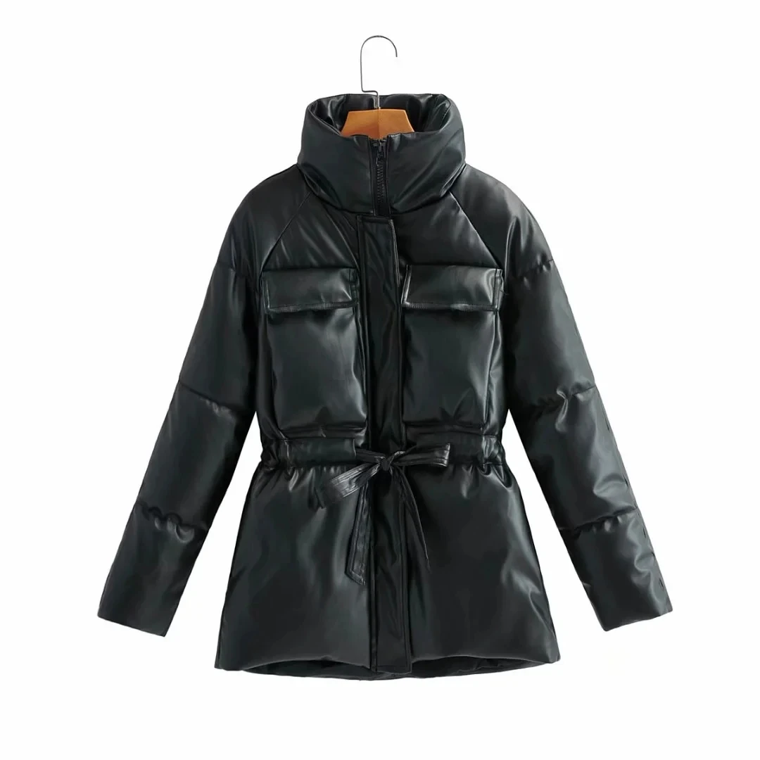 Winter black Padded PU jacket women faux leather coat Warm Long Sleeve Outwear Motorcycle Jacket female winter parka