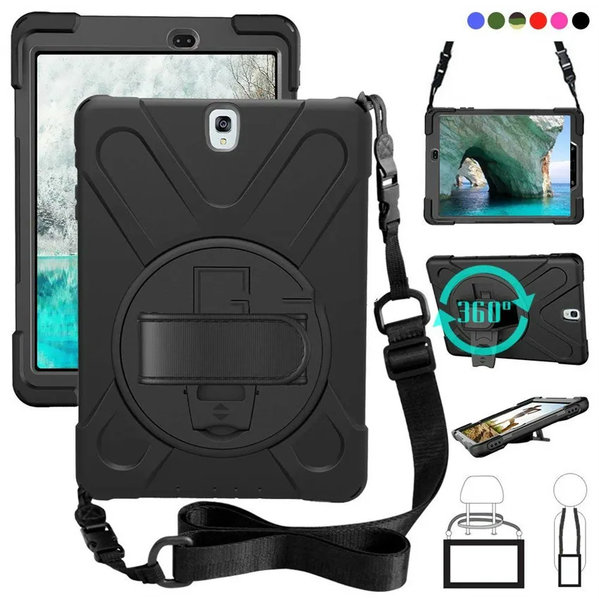 

For Samsung Galaxy Tab S3 9.7 SM-T820 T820 T825 T829 PC+Silicone hard Cover w/360 Swivel Stand holder, Hand Strap & Neck Strap