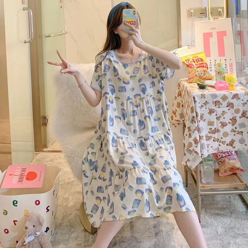

Cotton Silk Pajamas Women's Pullover Summer New Korean Cute Girl Printed Nightdress Can Wear Short Sleeve Home Clothes One Size