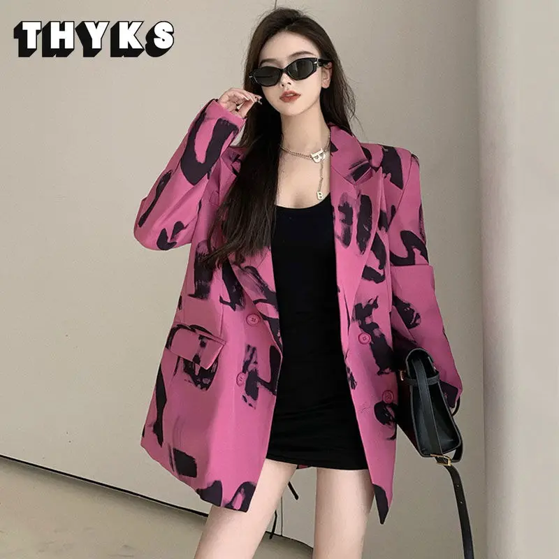 

Fashion Ladies Red Suit Jacket Letter Print Double Breasted Notch Long Sleeve Jacket 2022 New Loose Casual Womens Clothing Mujer