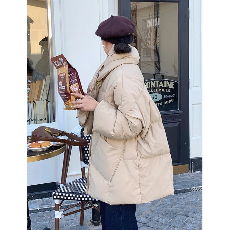 Autumn and Winter New Down Jacket Women's Medium-length Jacket with Scarf Loose Thickened Bao'nua White Duck Down Jacket Tide