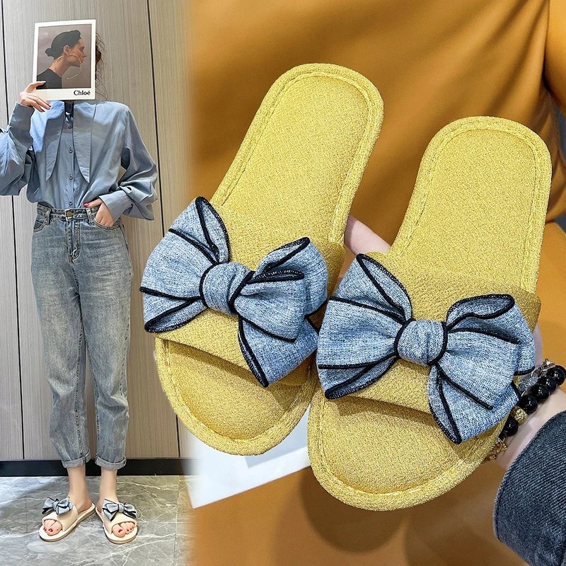 

Women Summer Casual Slides Comfortable Flax Slippers Striped Bow Linen Flip Flops Platform Sandals Ladies Indoor Shoes